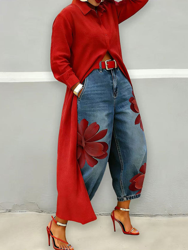 Losse bloemenprint met wijde pijpen Geen riemzakken Jean-broek Bodems Negende broek