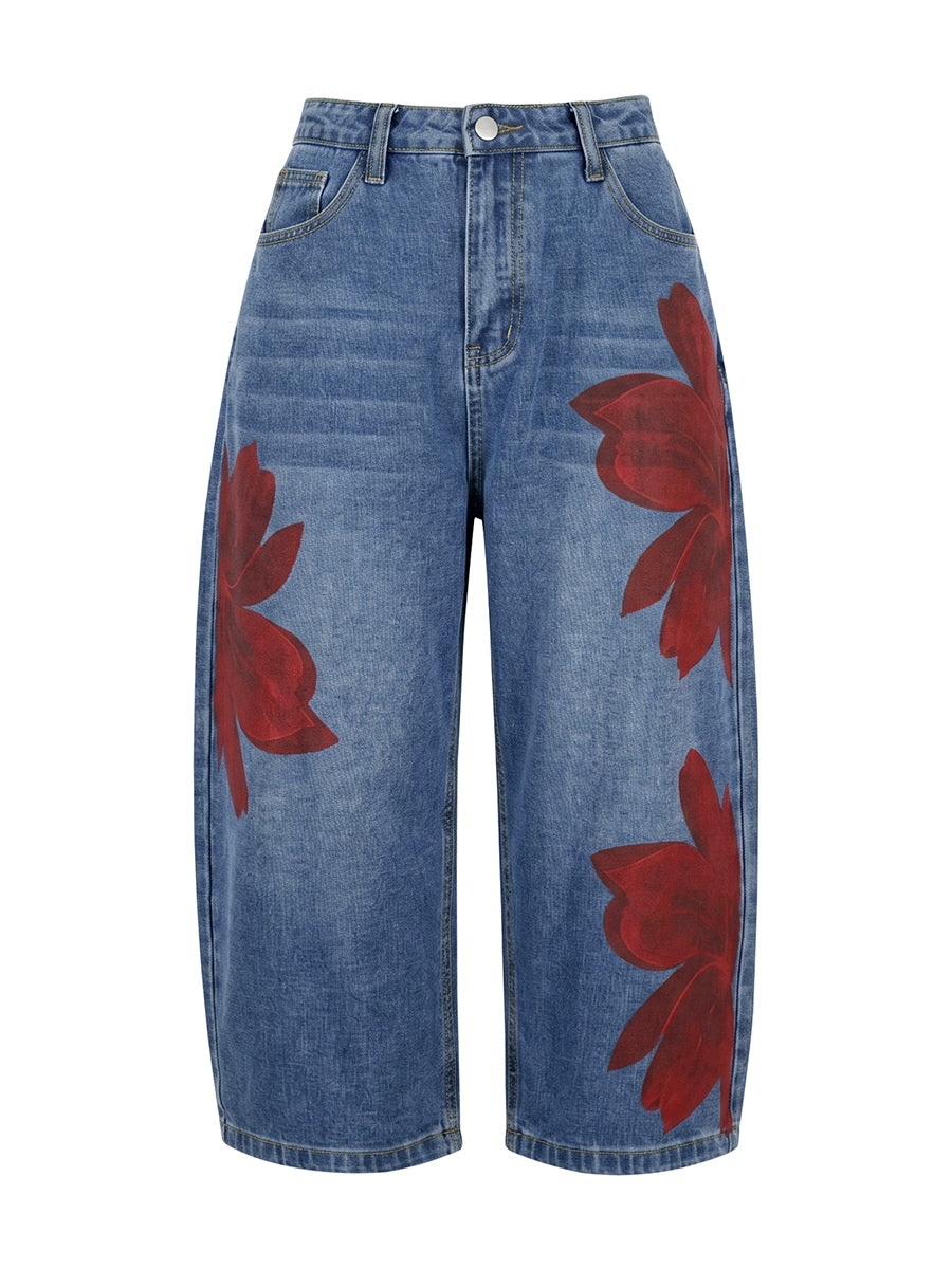 Losse bloemenprint met wijde pijpen Geen riemzakken Jean-broek Bodems Negende broek
