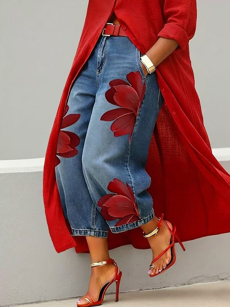 Losse bloemenprint met wijde pijpen Geen riemzakken Jean-broek Bodems Negende broek