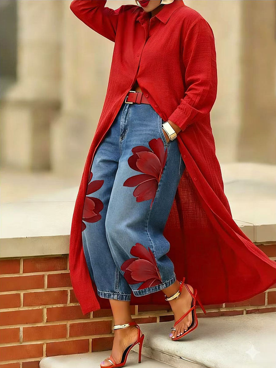 Losse bloemenprint met wijde pijpen Geen riemzakken Jean-broek Bodems Negende broek
