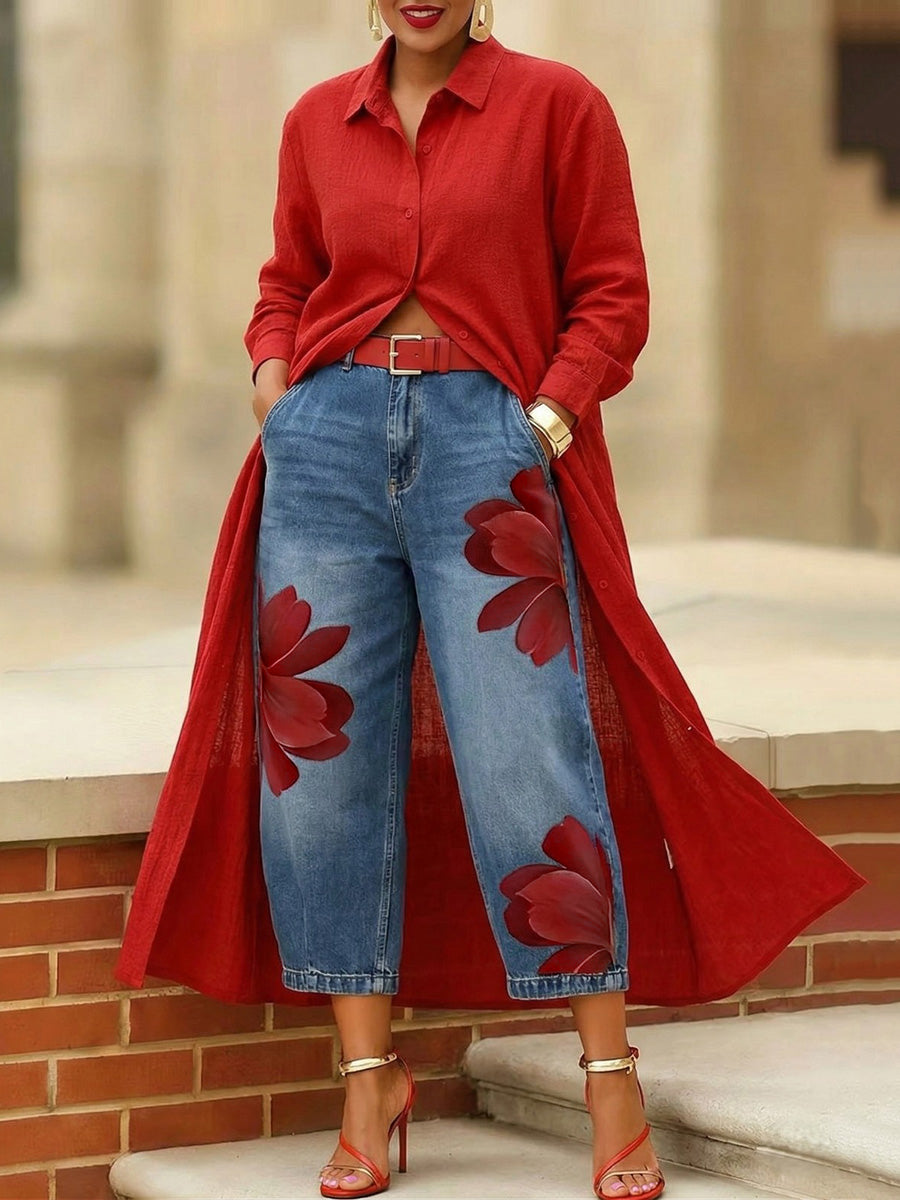 Losse bloemenprint met wijde pijpen Geen riemzakken Jean-broek Bodems Negende broek