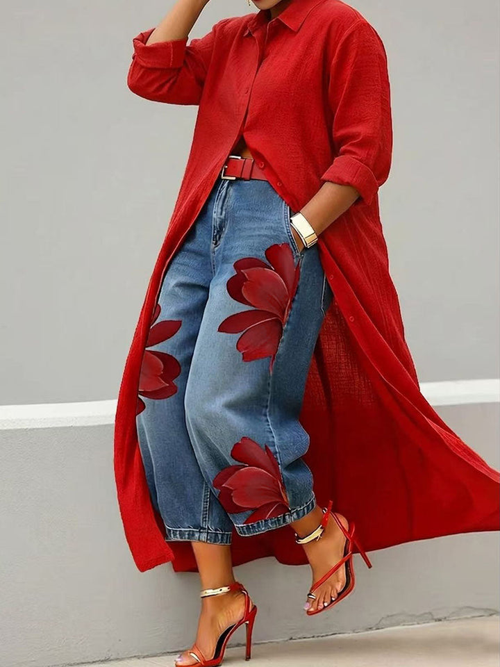 Losse bloemenprint met wijde pijpen Geen riemzakken Jean-broek Bodems Negende broek